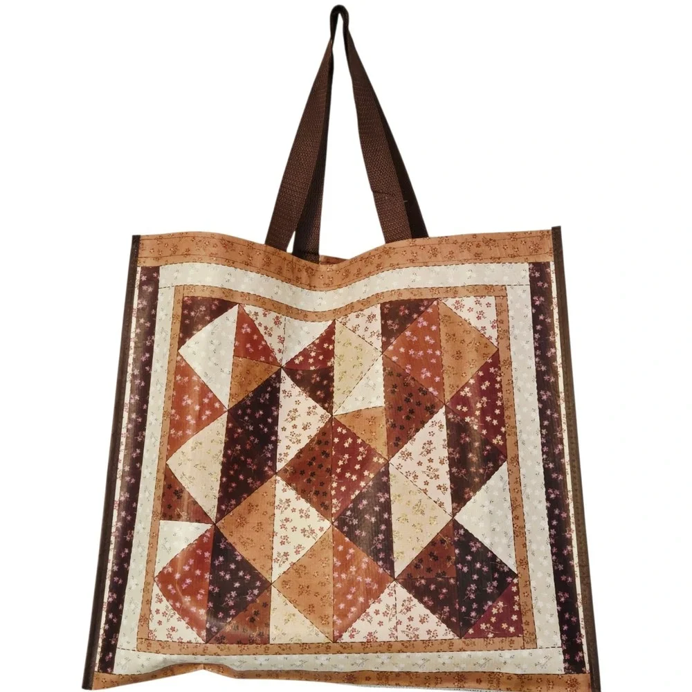 Patchwork Quilt Quilted Design Brown Beige Shopping Tote Gift Bag TJMaxx